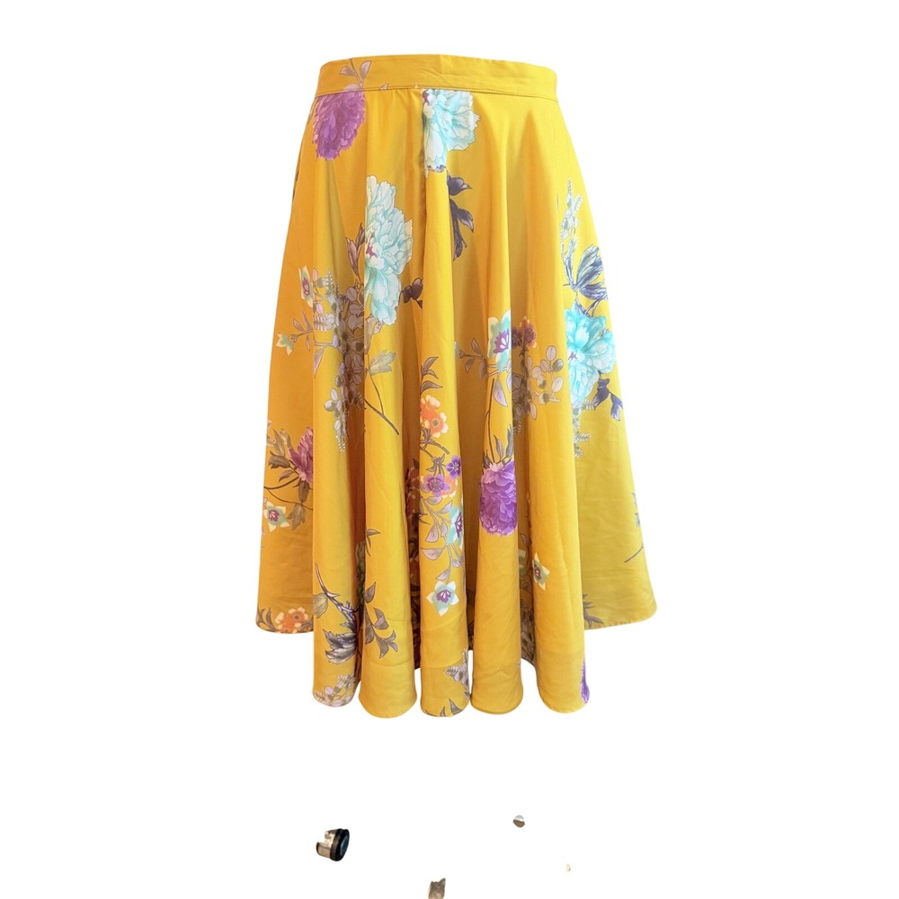 ModCloth Yellow Floral A-Line Midi Circle Skirt Botanical Print High Waist